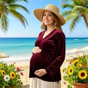 BABY AND ME Maternity Blouse Babydoll Velvet Long Sleeve V Neck Maroon XL Vamp